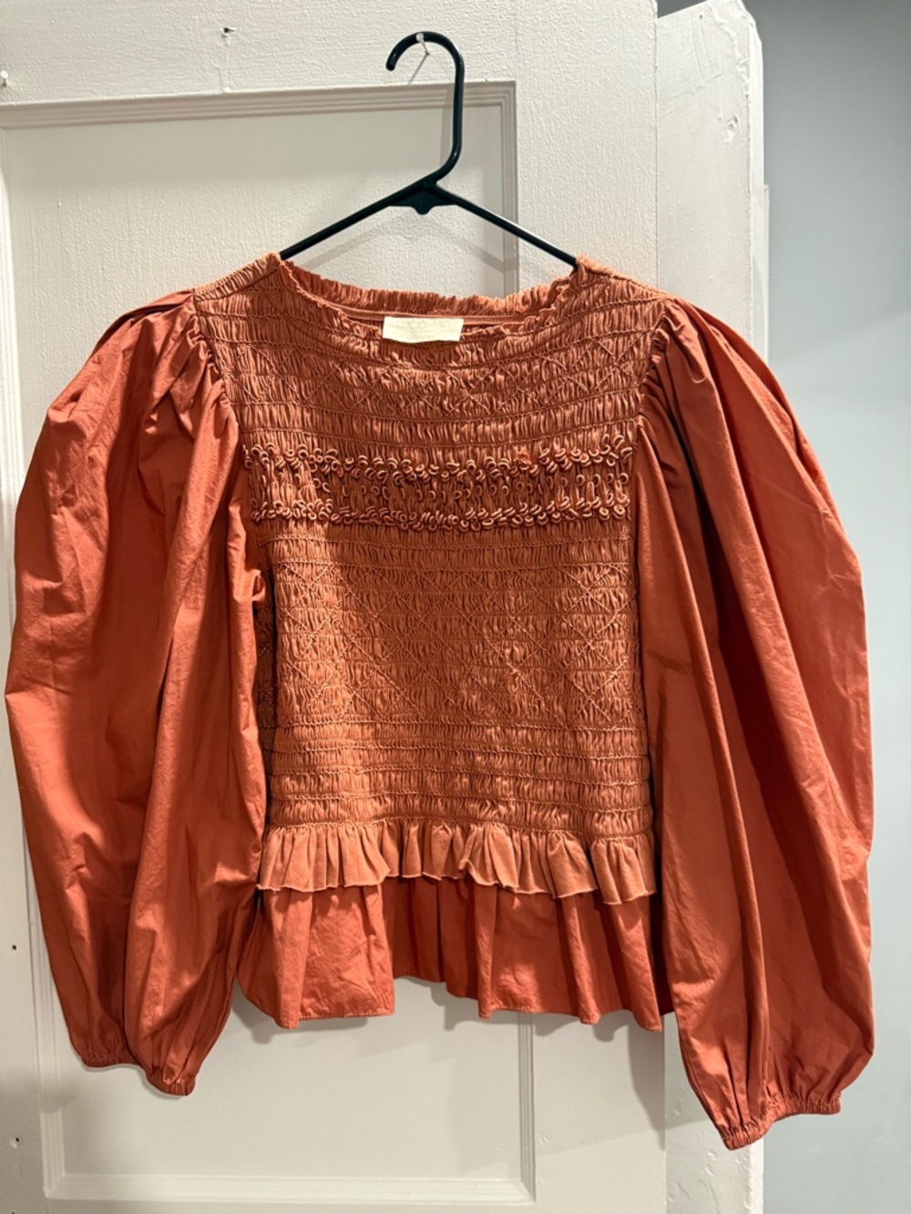 Ulla JohnsonSmocked Peplum Balloon-Sleeve Top in Terracotta